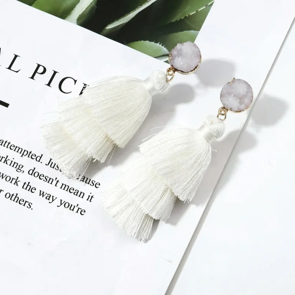 New Rave Envy White Tassel Earrings Layered 3 Tier Crystal Boho Dangle Drop